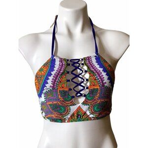 Trina Turk Pacific Paisley Printed High Neck Halter Swim Top Blue/Multicolor 4
